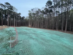 Large residential area in Olde Creedmoor neighborhood treated with Bermuda hydroseeding for erosion control and soil stabilization in Raleigh, NC