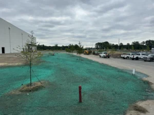 Newly hydroseeded grounds surrounding Nipro's Greenville NC commercial development project